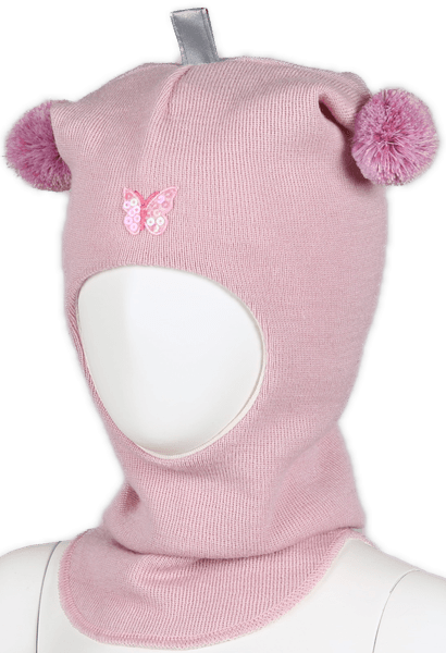 Kivat, pudderrosa hettelue i ull med sommerfugl